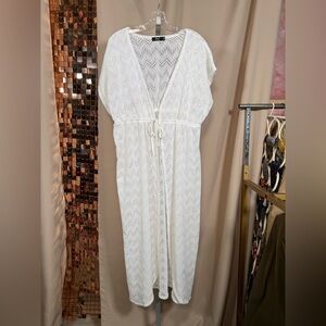White Lace Tie Up Short Sleeve Long Beach Cover Up Duster Layer Size S/M *Flaw